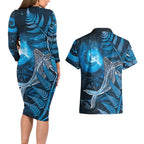 New Zealand Matariki Couples Matching Long Sleeve Bodycon Dress and Hawaiian Shirt Maori Koru With Humpback Whale Blue