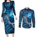 New Zealand Matariki Couples Matching Long Sleeve Bodycon Dress and Long Sleeve Button Shirt Maori Koru With Humpback Whale Blue