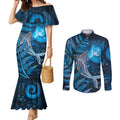 New Zealand Matariki Couples Matching Mermaid Dress and Long Sleeve Button Shirt Maori Koru With Humpback Whale Blue