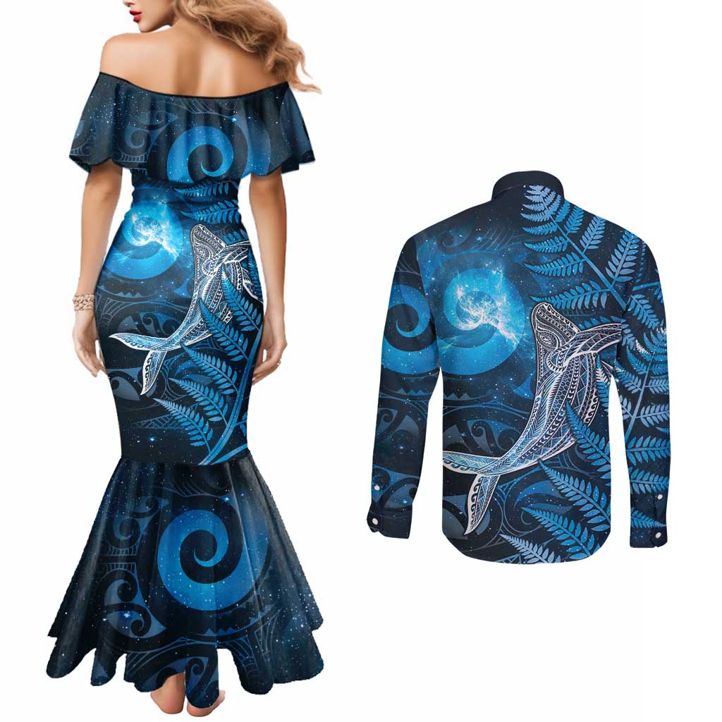 New Zealand Matariki Couples Matching Mermaid Dress and Long Sleeve Button Shirt Maori Koru With Humpback Whale Blue