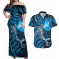 New Zealand Matariki Couples Matching Off Shoulder Maxi Dress and Hawaiian Shirt Maori Koru With Humpback Whale Blue