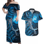 New Zealand Matariki Couples Matching Off Shoulder Maxi Dress and Hawaiian Shirt Maori Koru With Humpback Whale Blue