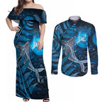 New Zealand Matariki Couples Matching Off Shoulder Maxi Dress and Long Sleeve Button Shirt Maori Koru With Humpback Whale Blue