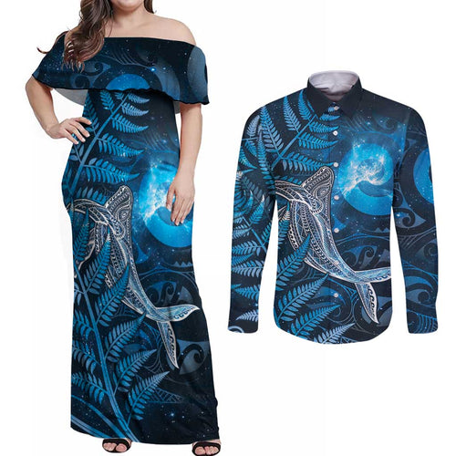 New Zealand Matariki Couples Matching Off Shoulder Maxi Dress and Long Sleeve Button Shirt Maori Koru With Humpback Whale Blue