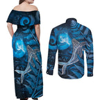 New Zealand Matariki Couples Matching Off Shoulder Maxi Dress and Long Sleeve Button Shirt Maori Koru With Humpback Whale Blue