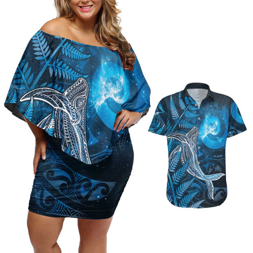 New Zealand Matariki Couples Matching Off Shoulder Short Dress and Hawaiian Shirt Maori Koru With Humpback Whale Blue