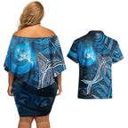 New Zealand Matariki Couples Matching Off Shoulder Short Dress and Hawaiian Shirt Maori Koru With Humpback Whale Blue