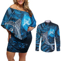 New Zealand Matariki Couples Matching Off Shoulder Short Dress and Long Sleeve Button Shirt Maori Koru With Humpback Whale Blue