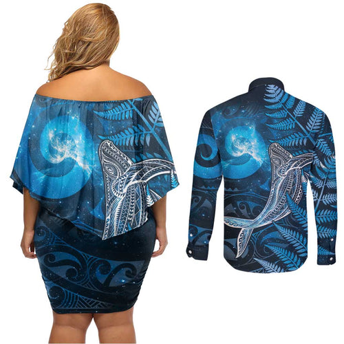 New Zealand Matariki Couples Matching Off Shoulder Short Dress and Long Sleeve Button Shirt Maori Koru With Humpback Whale Blue