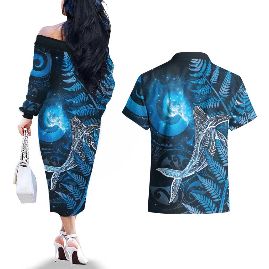New Zealand Matariki Couples Matching Off The Shoulder Long Sleeve Dress and Hawaiian Shirt Maori Koru With Humpback Whale Blue