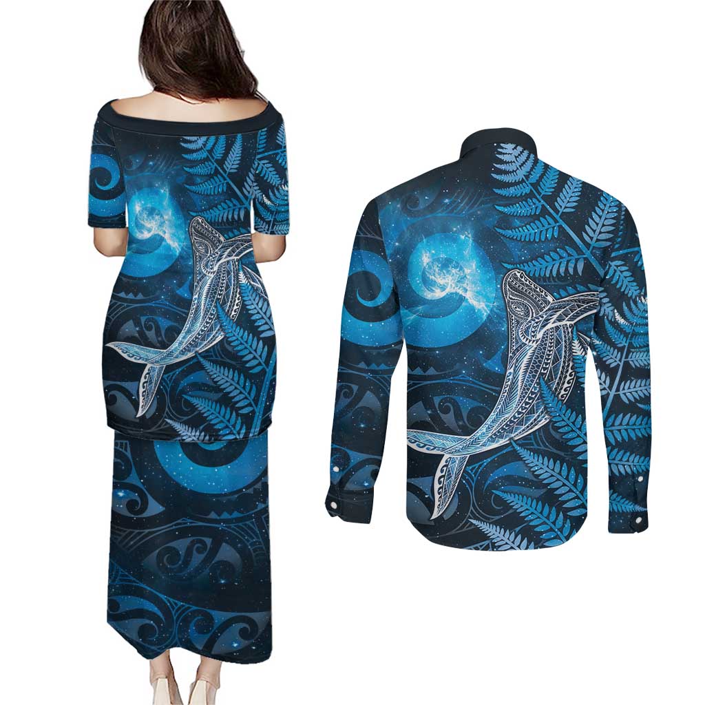 New Zealand Matariki Couples Matching Puletasi and Long Sleeve Button Shirt Maori Koru With Humpback Whale Blue