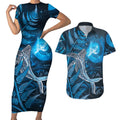 New Zealand Matariki Couples Matching Short Sleeve Bodycon Dress and Hawaiian Shirt Maori Koru With Humpback Whale Blue