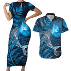 New Zealand Matariki Couples Matching Short Sleeve Bodycon Dress and Hawaiian Shirt Maori Koru With Humpback Whale Blue