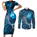 New Zealand Matariki Couples Matching Short Sleeve Bodycon Dress and Long Sleeve Button Shirt Maori Koru With Humpback Whale Blue