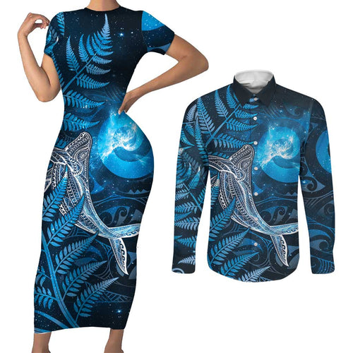 New Zealand Matariki Couples Matching Short Sleeve Bodycon Dress and Long Sleeve Button Shirt Maori Koru With Humpback Whale Blue