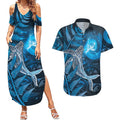 New Zealand Matariki Couples Matching Summer Maxi Dress and Hawaiian Shirt Maori Koru With Humpback Whale Blue