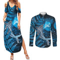 New Zealand Matariki Couples Matching Summer Maxi Dress and Long Sleeve Button Shirt Maori Koru With Humpback Whale Blue