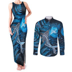 New Zealand Matariki Couples Matching Tank Maxi Dress and Long Sleeve Button Shirt Maori Koru With Humpback Whale Blue