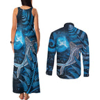 New Zealand Matariki Couples Matching Tank Maxi Dress and Long Sleeve Button Shirt Maori Koru With Humpback Whale Blue