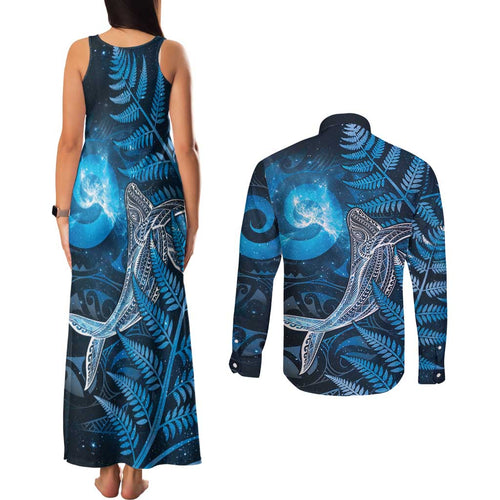 New Zealand Matariki Couples Matching Tank Maxi Dress and Long Sleeve Button Shirt Maori Koru With Humpback Whale Blue