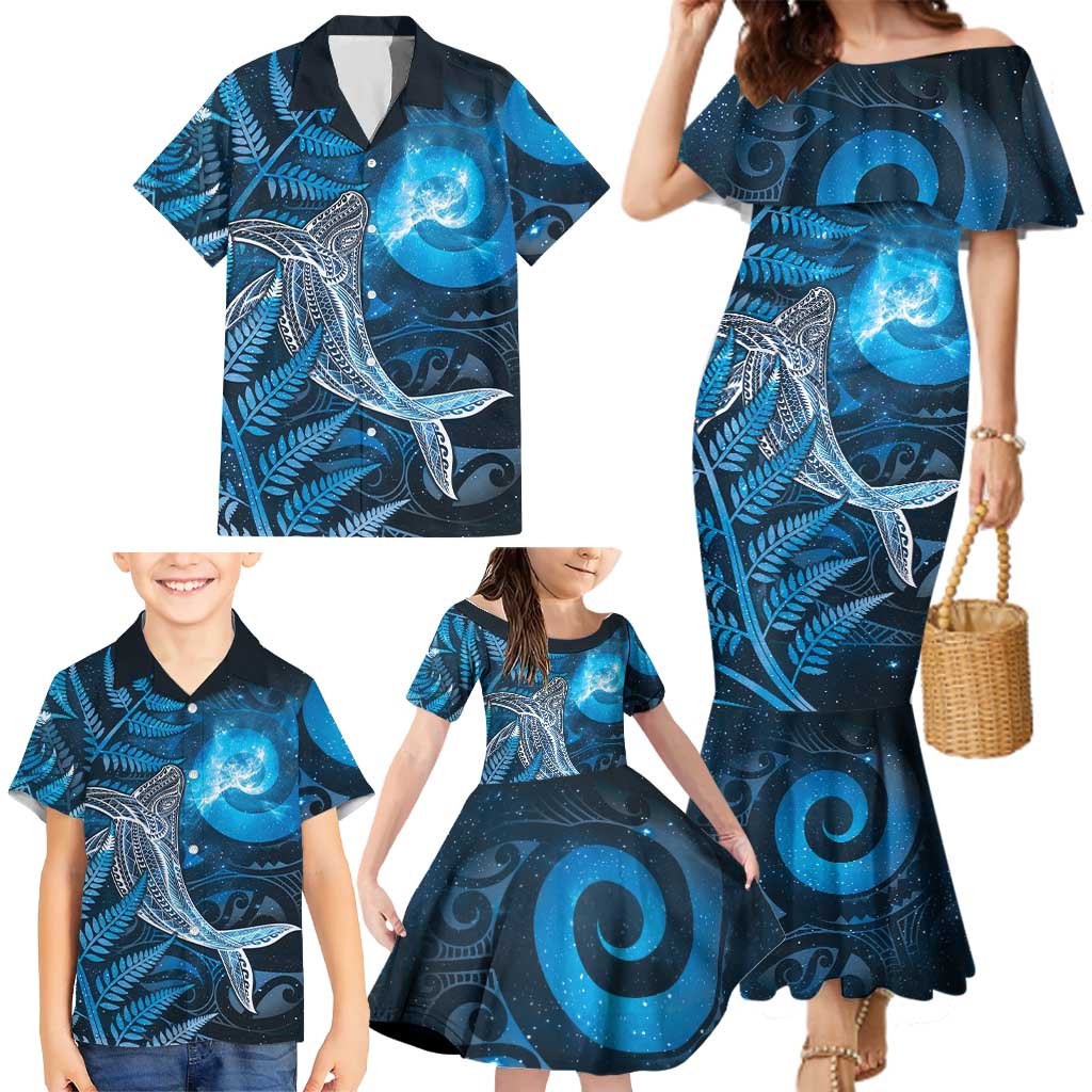 New Zealand Matariki Family Matching Mermaid Dress and Hawaiian Shirt Maori Koru With Humpback Whale Blue