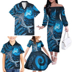 New Zealand Matariki Family Matching Off The Shoulder Long Sleeve Dress and Hawaiian Shirt Maori Koru With Humpback Whale Blue