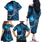 New Zealand Matariki Family Matching Off The Shoulder Long Sleeve Dress and Hawaiian Shirt Maori Koru With Humpback Whale Blue