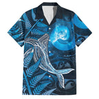 New Zealand Matariki Family Matching Off The Shoulder Long Sleeve Dress and Hawaiian Shirt Maori Koru With Humpback Whale Blue