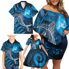 New Zealand Matariki Family Matching Off Shoulder Short Dress and Hawaiian Shirt Maori Koru With Humpback Whale Blue