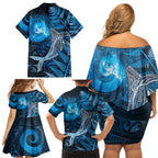 New Zealand Matariki Family Matching Off Shoulder Short Dress and Hawaiian Shirt Maori Koru With Humpback Whale Blue