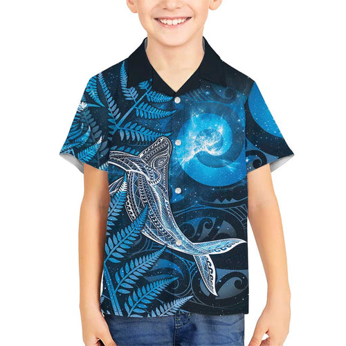 New Zealand Matariki Family Matching Off Shoulder Short Dress and Hawaiian Shirt Maori Koru With Humpback Whale Blue