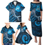 New Zealand Matariki Family Matching Puletasi and Hawaiian Shirt Maori Koru With Humpback Whale Blue