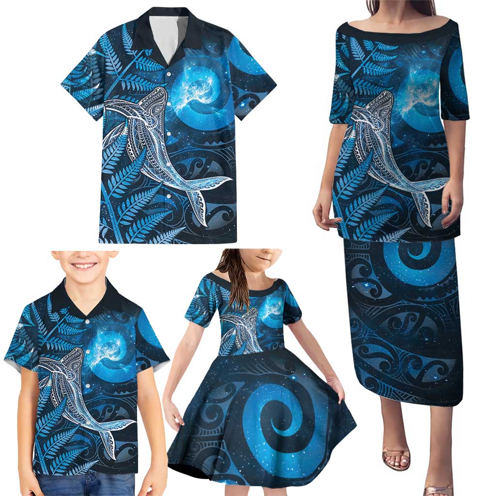 New Zealand Matariki Family Matching Puletasi and Hawaiian Shirt Maori Koru With Humpback Whale Blue