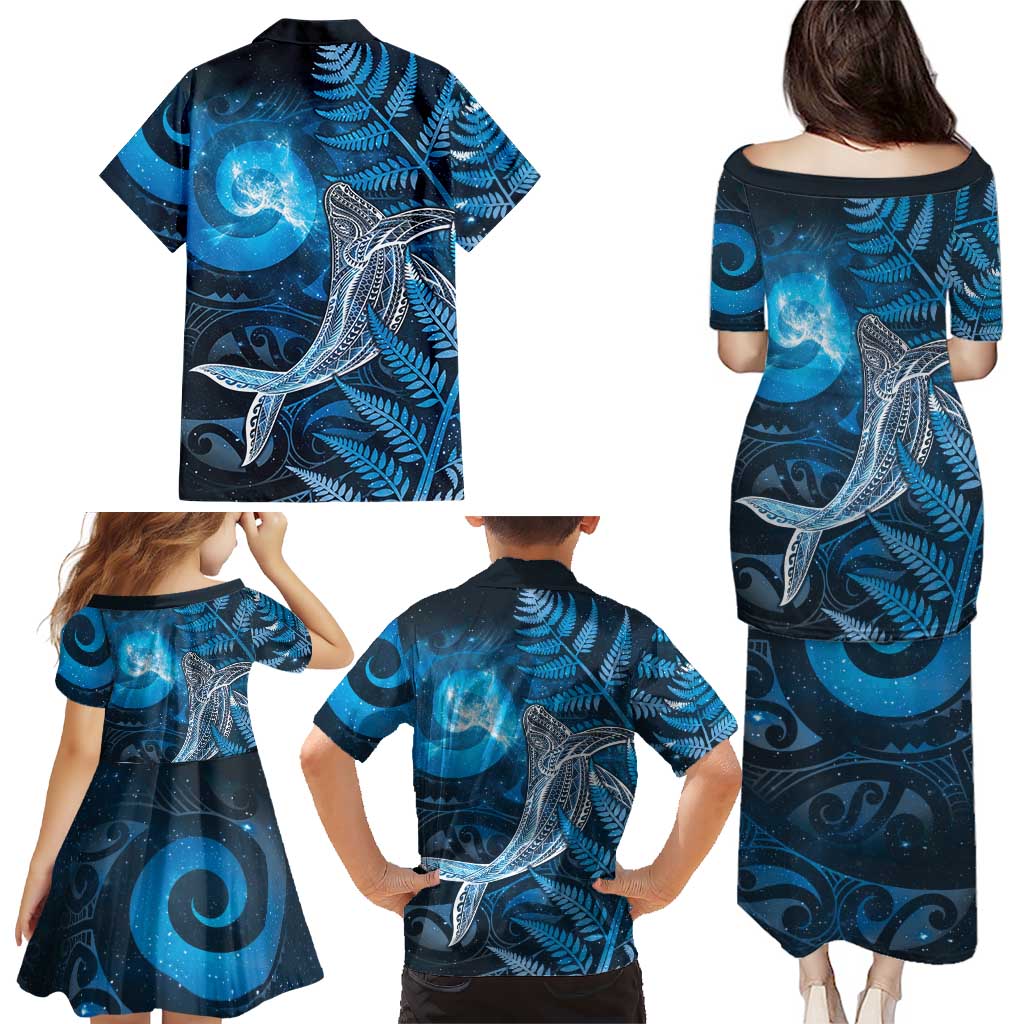 New Zealand Matariki Family Matching Puletasi and Hawaiian Shirt Maori Koru With Humpback Whale Blue