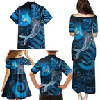 New Zealand Matariki Family Matching Puletasi and Hawaiian Shirt Maori Koru With Humpback Whale Blue