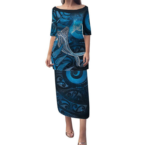 New Zealand Matariki Family Matching Puletasi and Hawaiian Shirt Maori Koru With Humpback Whale Blue