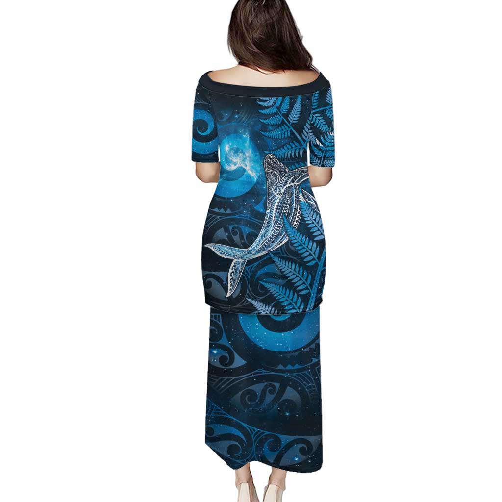 New Zealand Matariki Family Matching Puletasi and Hawaiian Shirt Maori Koru With Humpback Whale Blue