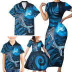 New Zealand Matariki Family Matching Short Sleeve Bodycon Dress and Hawaiian Shirt Maori Koru With Humpback Whale Blue