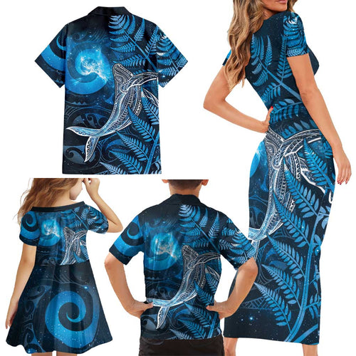 New Zealand Matariki Family Matching Short Sleeve Bodycon Dress and Hawaiian Shirt Maori Koru With Humpback Whale Blue