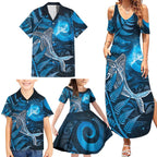 New Zealand Matariki Family Matching Summer Maxi Dress and Hawaiian Shirt Maori Koru With Humpback Whale Blue