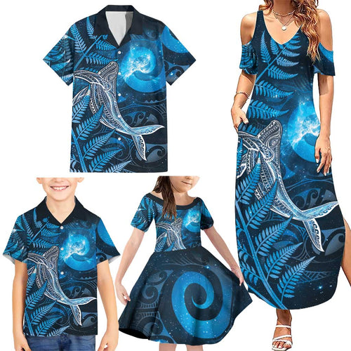 New Zealand Matariki Family Matching Summer Maxi Dress and Hawaiian Shirt Maori Koru With Humpback Whale Blue