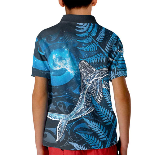 New Zealand Matariki Kid Polo Shirt Maori Koru With Humpback Whale Blue
