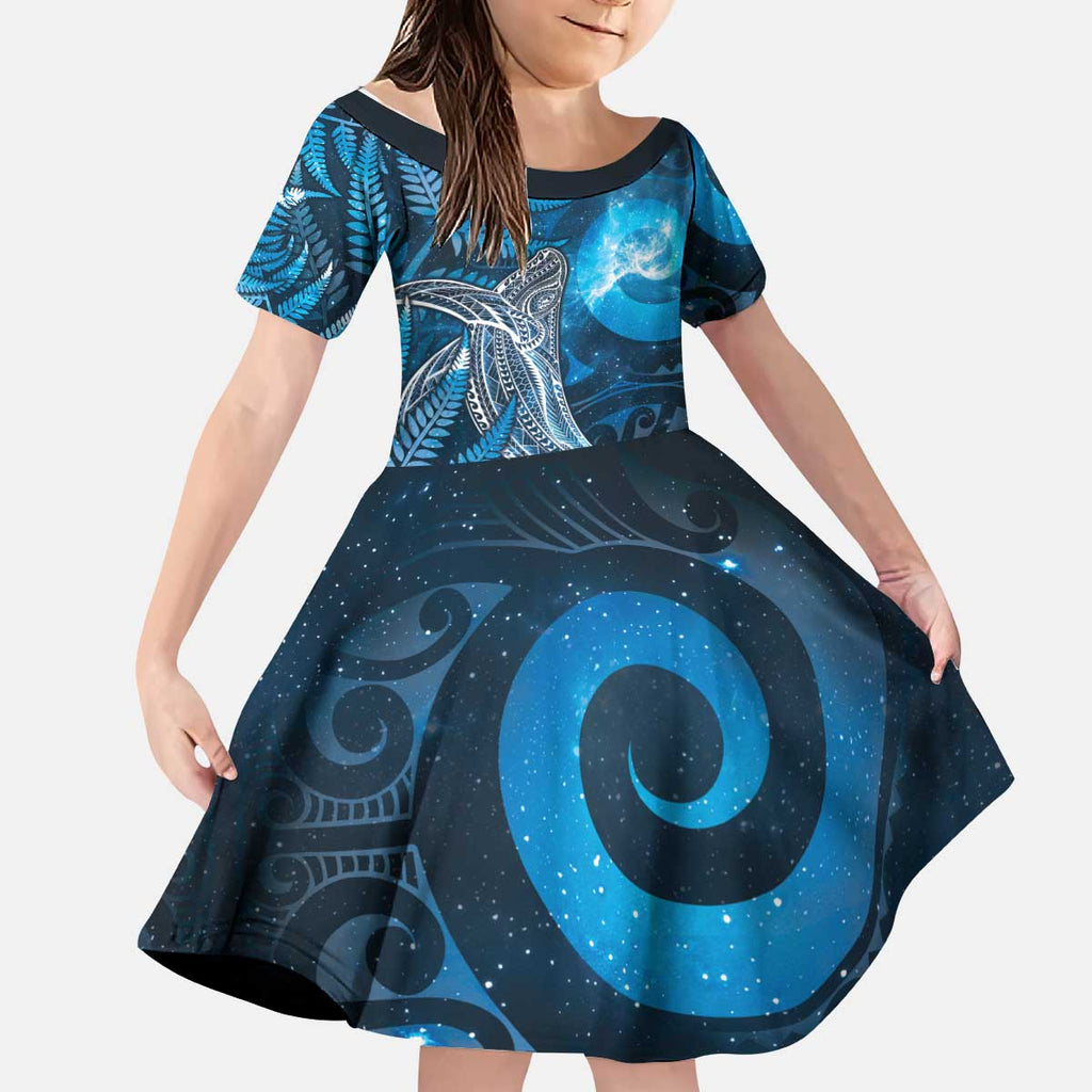 New Zealand Matariki Kid Short Sleeve Dress Maori Koru With Humpback Whale Blue
