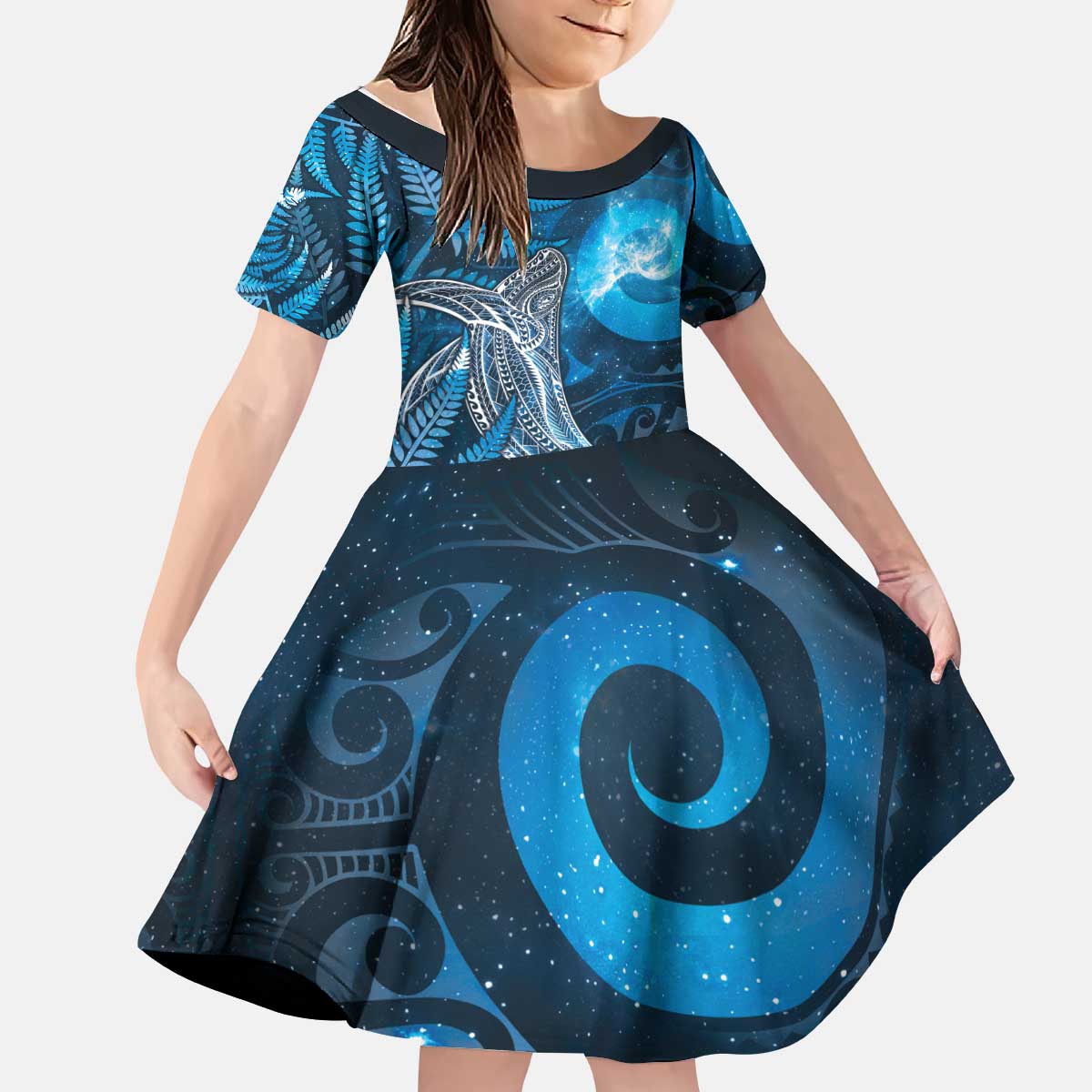 New Zealand Matariki Kid Short Sleeve Dress Maori Koru With Humpback Whale Blue