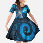 New Zealand Matariki Kid Short Sleeve Dress Maori Koru With Humpback Whale Blue