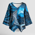 New Zealand Matariki Kimono Sleeve Blouse Maori Koru With Humpback Whale Blue