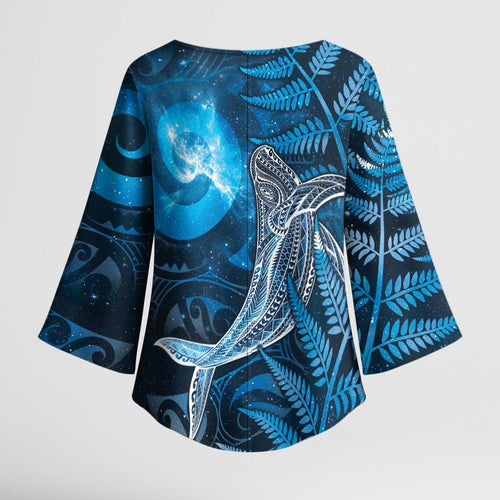 New Zealand Matariki Kimono Sleeve Blouse Maori Koru With Humpback Whale Blue