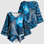 New Zealand Matariki Kimono Sleeve Blouse Maori Koru With Humpback Whale Blue