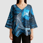 New Zealand Matariki Kimono Sleeve Blouse Maori Koru With Humpback Whale Blue