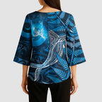 New Zealand Matariki Kimono Sleeve Blouse Maori Koru With Humpback Whale Blue